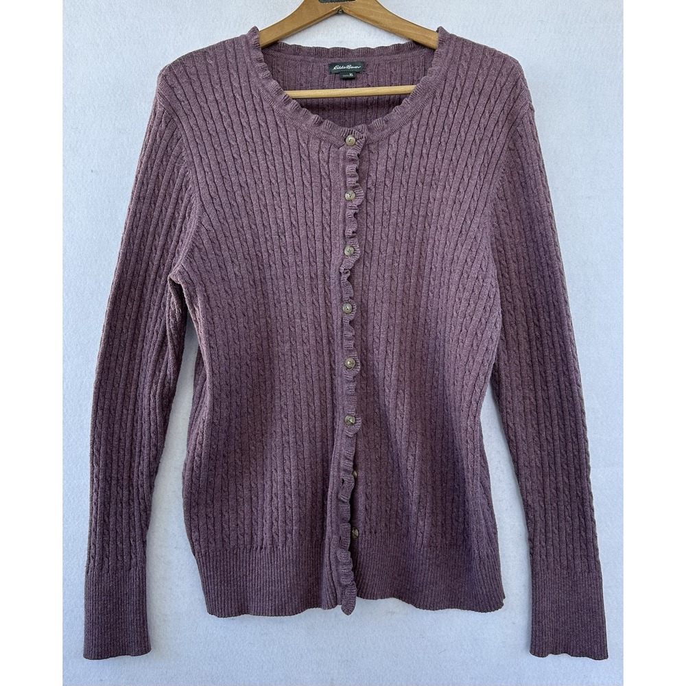 Eddie Bauer Cardigan Cable Knit Ruffle Womens XL Purple Excellent